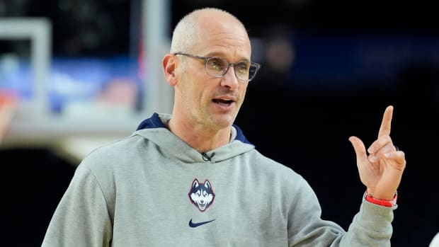 Connecticut Huskies head coach Dan Hurley during a practice session the day before the Final Four of the 2023 men’s NCAA tournament