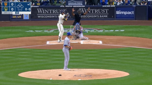 New York Mets Pitcher Carlos Carrasco got called for a pitch clock violation before first pitch of game.