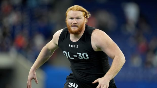 Mar 5, 2023; Indianapolis, IN, USA; North Dakota State offensive lineman Cody Mauch (OL30) during the NFL Scouting Combine at Lucas Oil Stadium. Mandatory Credit: Kirby Lee-USA TODAY Sports