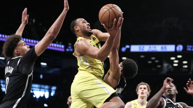 Utah Jazz guard Talen Horton-Tucker (0) drives to the basket in the third quarter against the Brooklyn Nets at Barclays Center.