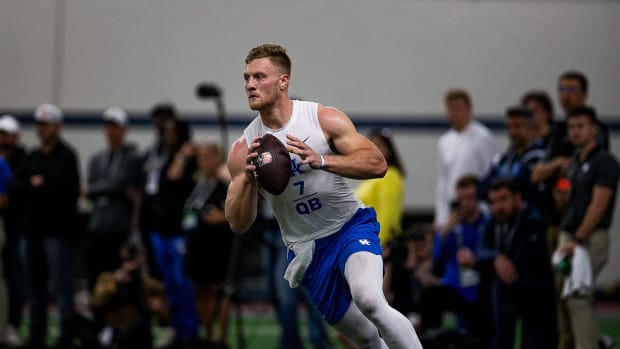 University of Kentucky senior quarterback Will Levis rolled out for a pass during a Pro Day workout at Nutter Field House in Lexington, Ky., on Friday, Mar. 24, 2023 Jf Uk Pro Day Aj4t0724