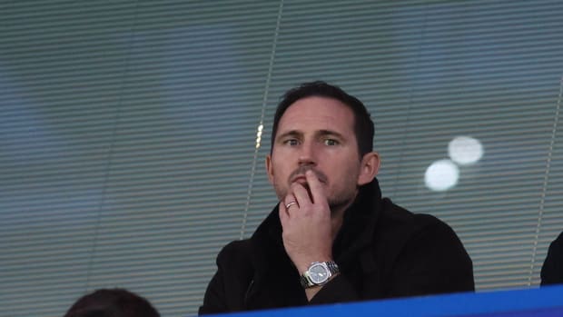 Frank Lampard pictured at Stamford Bridge watching Chelsea vs Liverpool in April 2023