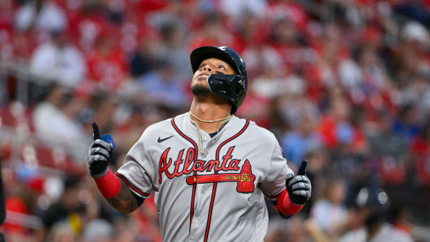 Apr 4, 2023; St. Louis, Missouri, USA; Atlanta Braves shortstop Orlando Arcia (11) reacts after hitting a solo home run against the St. Louis Cardinals during the second inning at Busch Stadium. Mandatory Credit: Jeff Curry-USA TODAY Sports
