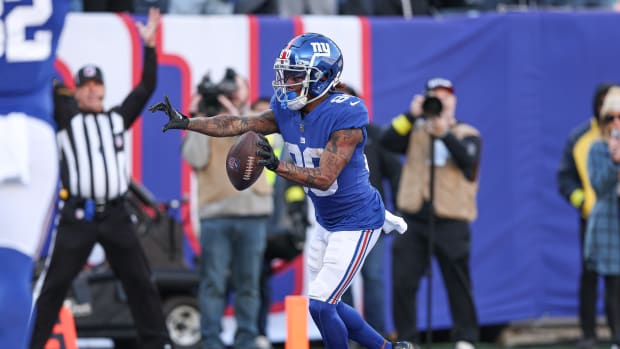 Jan 1, 2023; East Rutherford, New Jersey, USA; New York Giants wide receiver Richie James (80) celebrates after his touchdown reception during the first half against the Indianapolis Colts at MetLife Stadium. Mandatory Credit: Vincent Carchietta-USA TODAY Sports