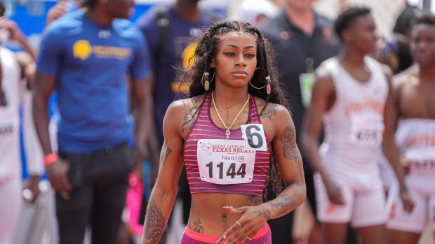 USA Stars runner Sha'Carri Richardson lines up for the women's invitational 4x100 meter relay at the 95th Clyde Littlefield Texas Relays at Mike A. Myers stadium on Saturday, April 1, 2023 at the University of Texas at Austin.