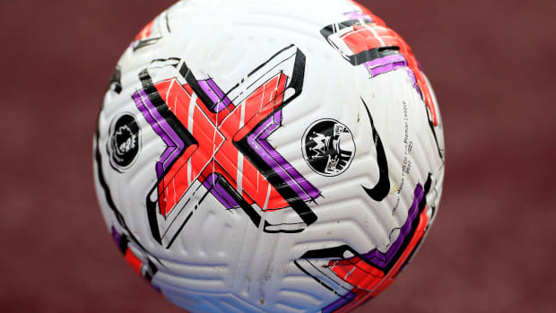A close-up shot of a Premier League match ball taken at a game between West Ham United and Aston Villa in March 2023