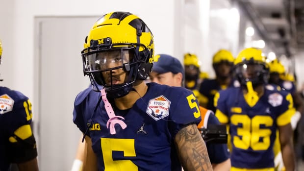 Dec 31, 2022; Glendale, Arizona, USA; Michigan Wolverines defensive back DJ Turner (5) against the TCU Horned Frogs in the 2022 Fiesta Bowl at State Farm Stadium.