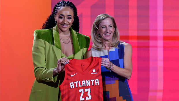 Apr 10, 2023; New York, NY, USA; Haley Jones poses for a photo with WNBA Commissioner Cathy Engelbert after being drafted sixth overall by the Atlanta Dream during WNBA Draft 2023 at Spring Studio. Mandatory Credit: Vincent Carchietta-USA TODAY Sports