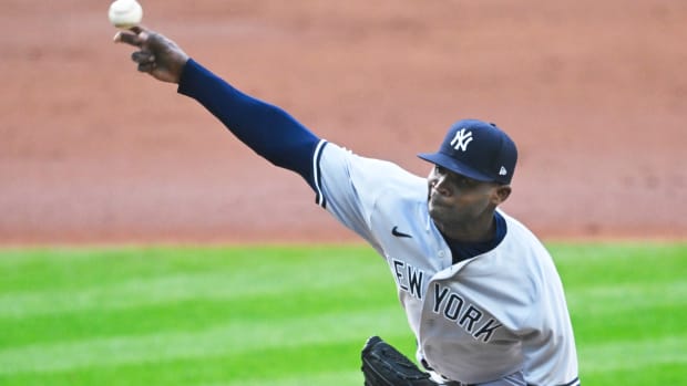 Apr 10, 2023; Cleveland, Ohio, USA; New York Yankees starting pitcher Domingo German (0) delivers a pitch in the first inning against the Cleveland Guardians at Progressive Field.