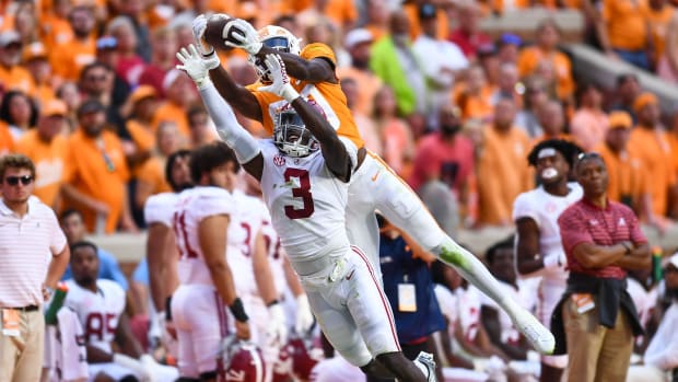 Tennessee wide receiver Ramel Keyton (80) catches a pass over Alabama defensive back Terrion Arnold (3) during a game between Tennessee and Alabama in Neyland Stadium, on Saturday, Oct. 15, 2022.