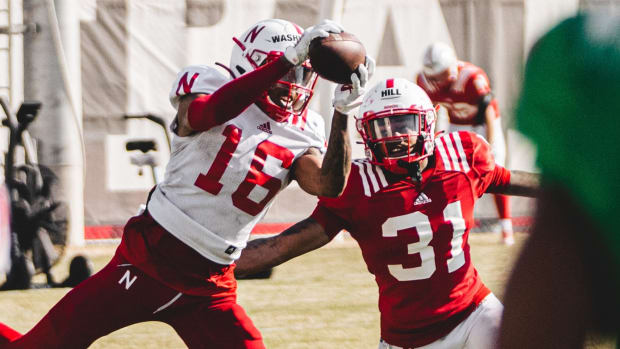 Marcus Washington receiver and Tommi Hill defensive back spring Nebraska football 2023-04-11 cropped