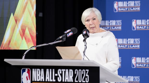 Utah Jazz owner Gail Miller speaks to the press during the 2023 NB All-Star announcement at Vivint Smart Home Arena.