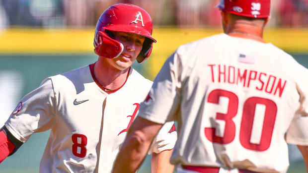 Razorbacks' Jace Bohrofen comes around third base after hitting a homer against Little Rock on Wednesday.