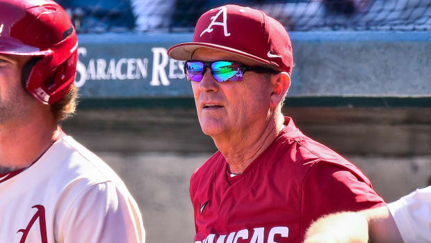 Razorbacks coach Dave Van Horn in dugout in 11-4 loss to Little Rock on Wednesday afternoon.