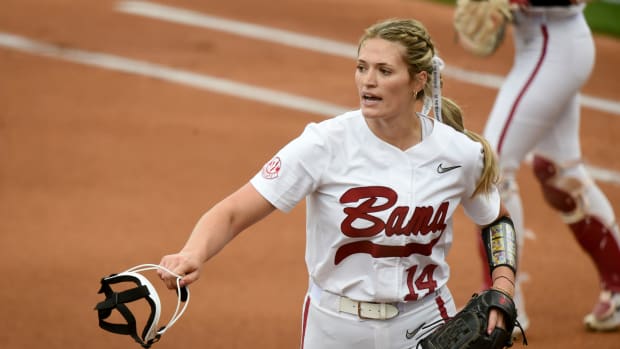 April 6, 2023; Tuscaloosa, AL, USA; Alabama pitcher Montana Fouts (14) leaves the field after completing an inning at Rhoads Stadium Thursday as the Crimson Tide opened a three game series against South Carolina.