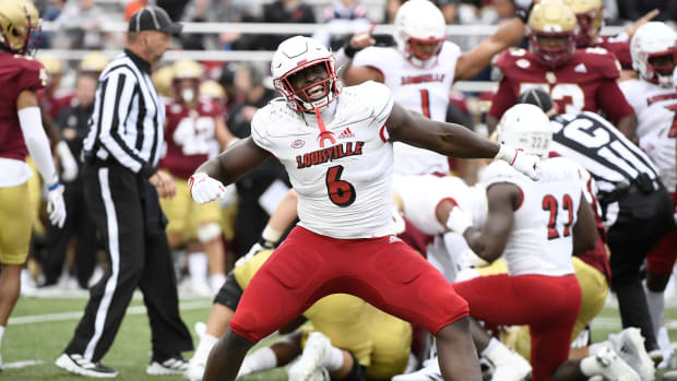 Oct 1, 2022; Chestnut Hill, Massachusetts, USA; Louisville Cardinals defensive lineman YaYa Diaby (6) reacts after a play during the first half against the Boston College Eagles at Alumni Stadium.