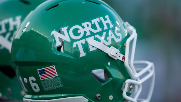 Sep 14, 2013; Denton, TX, USA; A view of a North Texas Mean Green helmet during the game between the Mean Green and the Ball State Cardinals at Apogee Stadium. The Mean Green defeated the Cardinals 34-27. Mandatory Credit: Jerome Miron-USA TODAY Sports