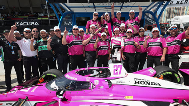 Kyle Kirkwood and his team celebrate Kirkwood's first ever pole win in his IndyCar career. Photo courtesy IndyCar.
