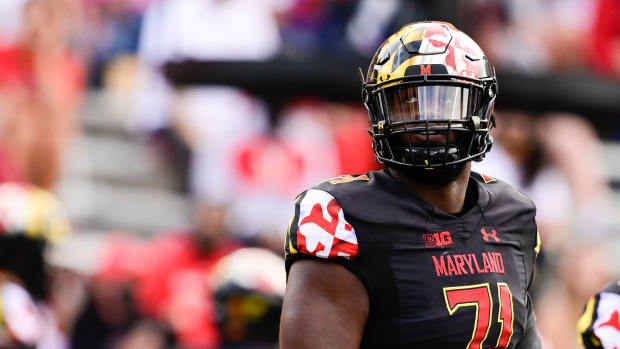 Sep 25, 2021; College Park, Maryland, USA; Maryland Terrapins offensive lineman Jaelyn Duncan (71) stands on the field during the second half against the Kent State Golden Flashes at Capital One Field at Maryland Stadium.