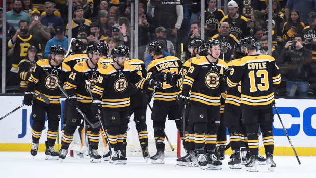 Boston Bruins celebrate after a win