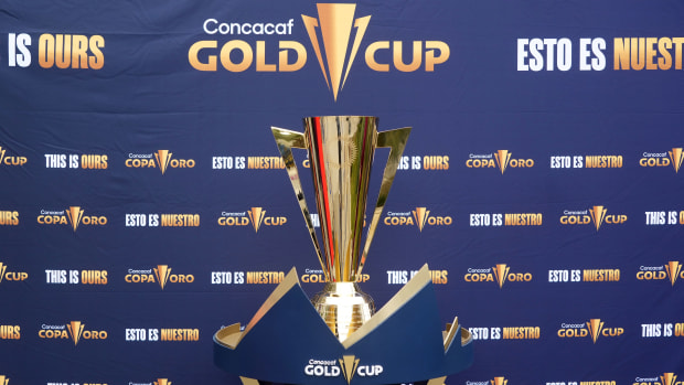 The Gold Cup trophy on display.