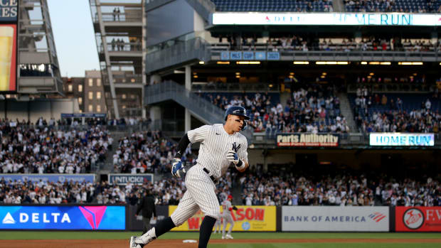 Apr 19, 2023; Bronx, New York, USA; New York Yankees center fielder Aaron Judge (99) rounds the bases after hitting a two run home run against the Los Angeles Angels during the first inning at Yankee Stadium.