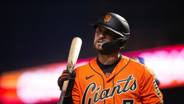 SF Giants third baseman J.D. Davis reacts to being called out on strikes during the fourth inning against the New York Mets. (2023)