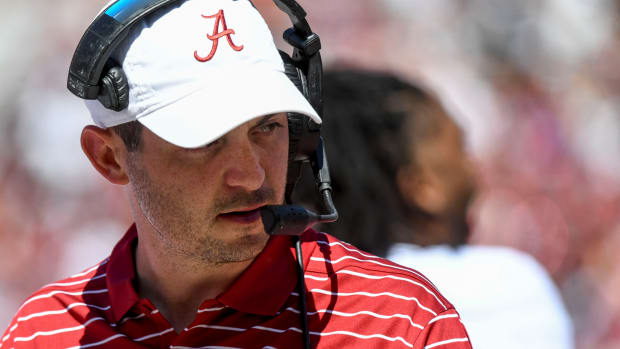 Apr 22, 2023; Tuscaloosa, AL, USA; White team coach Tommy Rees, Alabama s offensive coordinator, talks to players on the sideline during the A-Day game at Bryant-Denny Stadium. Mandatory Credit: Gary Cosby-USA TODAY Sports