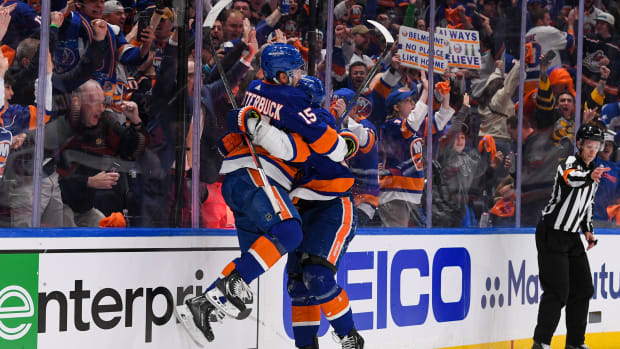 New York Islanders celebrate during their Stanley Cup Playoffs win at UBS Arena Friday night