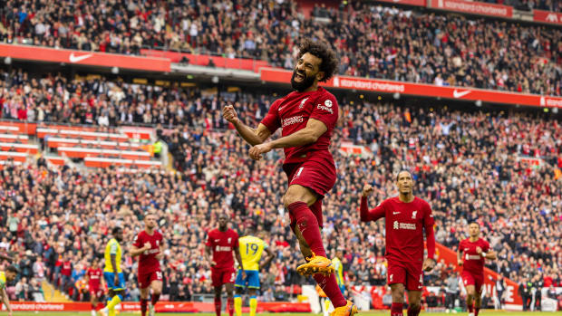 Mo Salah pictured celebrating after scoring for Liverpool against Nottingham Forest at Anfield in April 2023