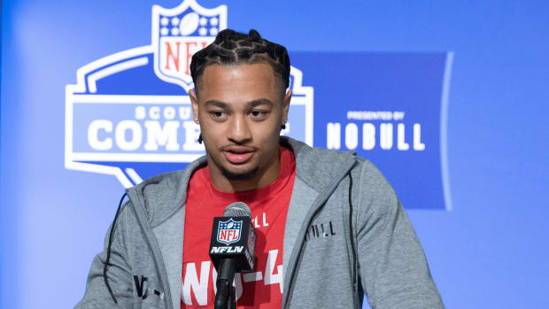 Mar 3, 2023; Indianapolis, IN, USA; Ohio State wide receiver Jaxon Smith Njigba (WO45) speaks to the press at the NFL Combine at Lucas Oil Stadium. Mandatory Credit: Trevor Ruszkowski-USA TODAY Sports