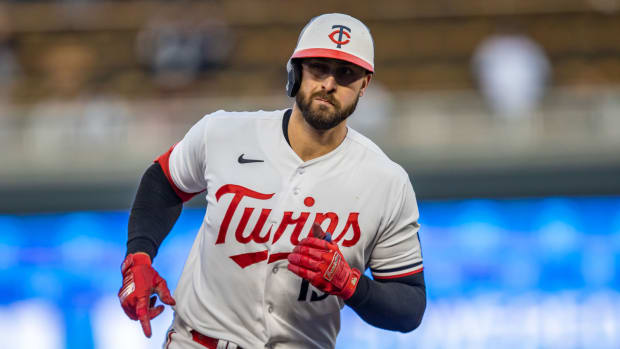 Apr 24, 2023; Minneapolis, Minnesota, USA; Minnesota Twins first baseman Joey Gallo (13) rounds second base after hitting a solo home run in the fourth inning against the New York Yankees at Target Field.