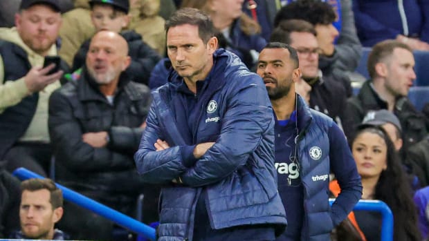 Chelsea interim manager Frank Lampard pictured during his team's 2-0 home loss to Brentford in April 2023