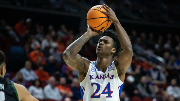 Kansas' KJ Adams Jr. shoots the ball during the NCAA men's basketball tournament first round match-up between Kansas and Howard, on Thursday, March 16, 2023, at Wells Fargo Arena, in Des Moines, Iowa.