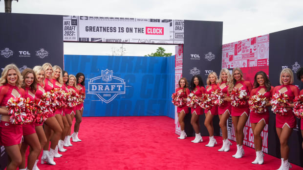 Kansas City Chiefs cheerleaders pose for a photo on the NFL Draft Red Carpet before the first round of the 2023 NFL Draft at Union Station.