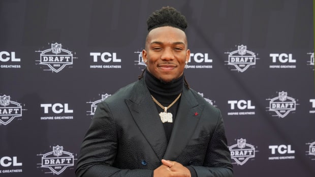 Apr 27, 2023; Kansas City, MO, USA; Texas running back Bijan Robinson poses for a photo on the NFL Draft Red Carpet before the first round of the 2023 NFL Draft at Union Station. Mandatory Credit: Kirby Lee-USA TODAY Sports
