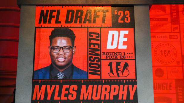 Apr 27, 2023; Kansas City, MO, USA; Clemson defensive end Myles Murphy after being selected by the Cincinnati Bengals twenty eighth overall in the first round of the 2023 NFL Draft at Union Station. Mandatory Credit: Kirby Lee-USA TODAY Sports