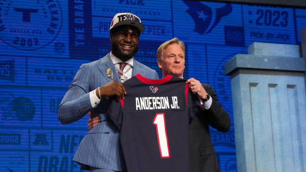 Alabama linebacker Will Anderson Jr. with NFL commissioner Roger Goodell after being selected by the Houston Texans third overall in the first round of the 2023 NFL Draft at Union Station.