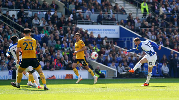 Pascal Gross pictured (right) scoring for Brighton against Wolves with a brilliant volley in April 2023