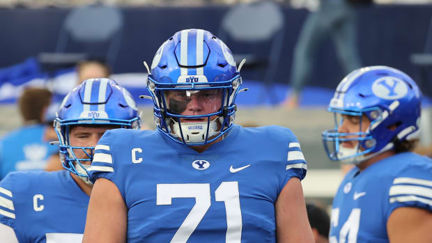 Sep 29, 2022; Provo, Utah, USA; Brigham Young Cougars offensive lineman Blake Freeland (71) before playing against the Utah State Aggies at LaVell Edwards Stadium. Mandatory Credit: Rob Gray-USA TODAY Sports