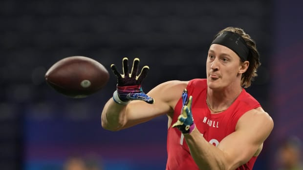 Tight end prospect Zack Kuntz catches a pass during the 2023 NFL Combine