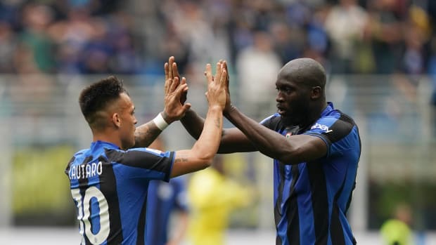 Lautaro Martinez pictured (left) celebrating a goal with Inter Milan teammate Romelu Lukaku during their team's 3-1 win over Lazio in April 2023