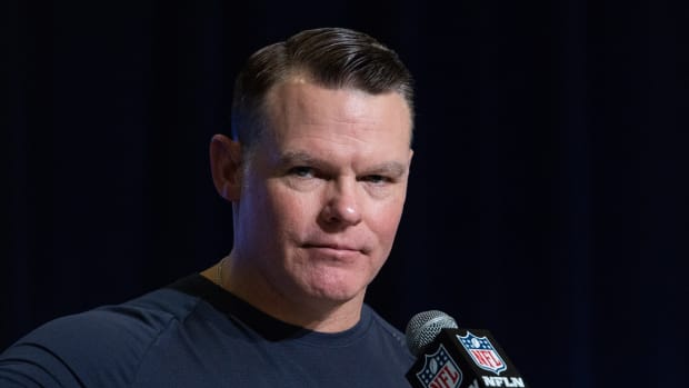 Mar 1, 2023; Indianapolis, IN, USA; Indianapolis Colts general manager Chris Ballard speaks to the press at the NFL Combine at Lucas Oil Stadium. Mandatory Credit: