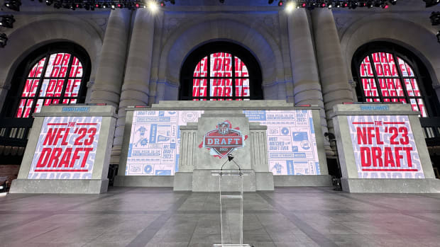 Apr 27, 2023; Kansas City, MO, USA; A general overall view of the main stage at the 2023 NFL Draft at Union Station.