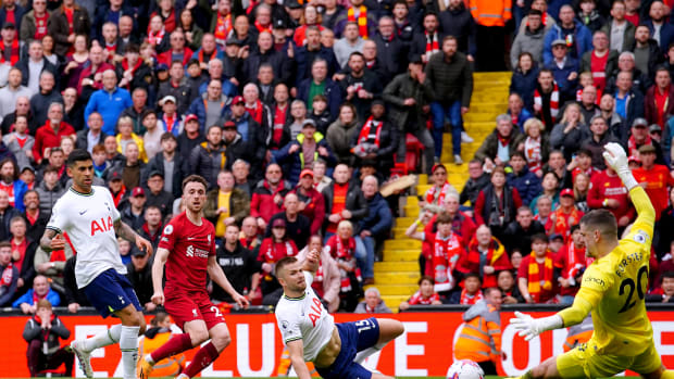 Diogo Jota pictured (second from left) scoring the winning goal for Liverpool in a remarkable 4-3 victory over Tottenham in April 2023