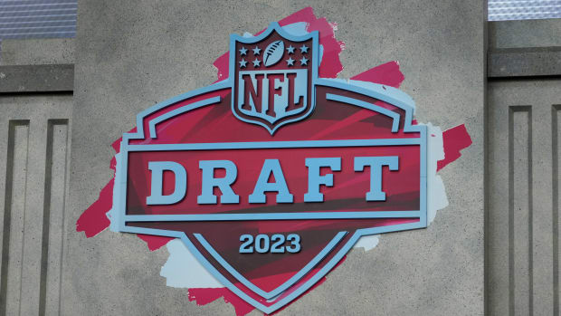 Apr 26, 2023; Kansas City, MO, USA; The 2023 NFL Draft logo on the main stage at Union Station. Mandatory Credit: Kirby Lee-USA TODAY Sports
