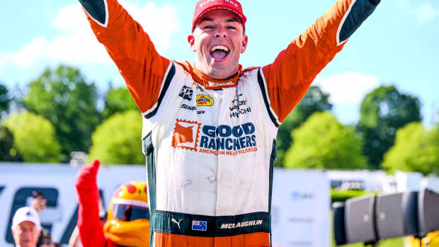 Scott McLaughlin celebrates his win in Sunday's NTT IndyCar Series Children’s of Alabama Indy Grand Prix at Barber Motorsports Park in Birmingham, Alabama. (Photo by Gavin Baker/LAT for Chevy Racing)