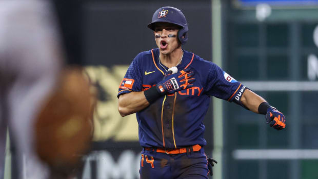 Houston Astros second baseman Mauricio Dubón reacts after hitting an RBI double during the seventh inning against the SF Giants. (May 1, 2023)