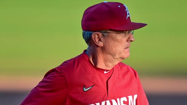 Razorbacks coach Dave Van Horn after a pitching change against Lipsomb in North Little Rock on Tuesday.