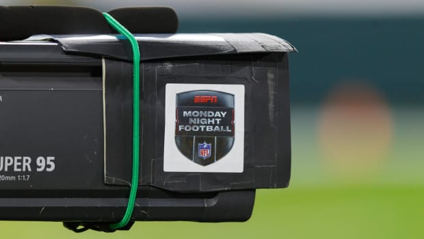 A camera is used for a “Monday Night Football” game in 2020.